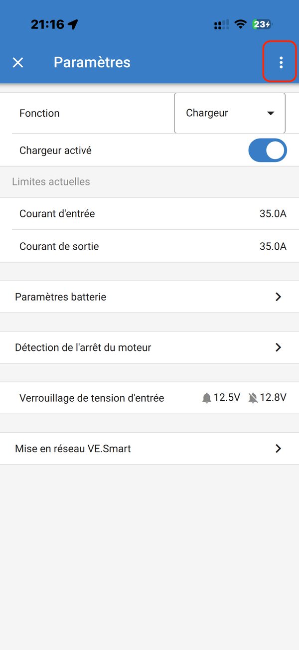 Écran Paramètres, menu trois points entouré en haut à droite