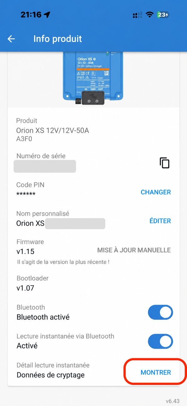 Infos produit, bouton MONTRER entouré à côté de Données de cryptage