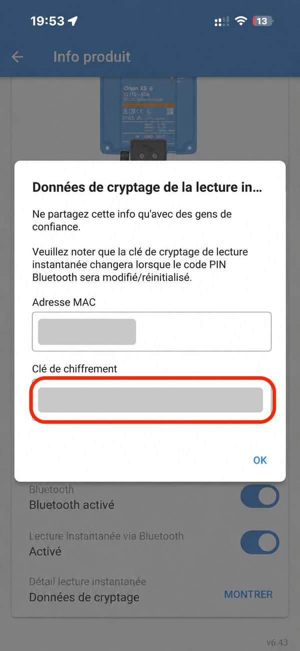 Fenêtre Données de cryptage, champ Clé de chiffrement entouré